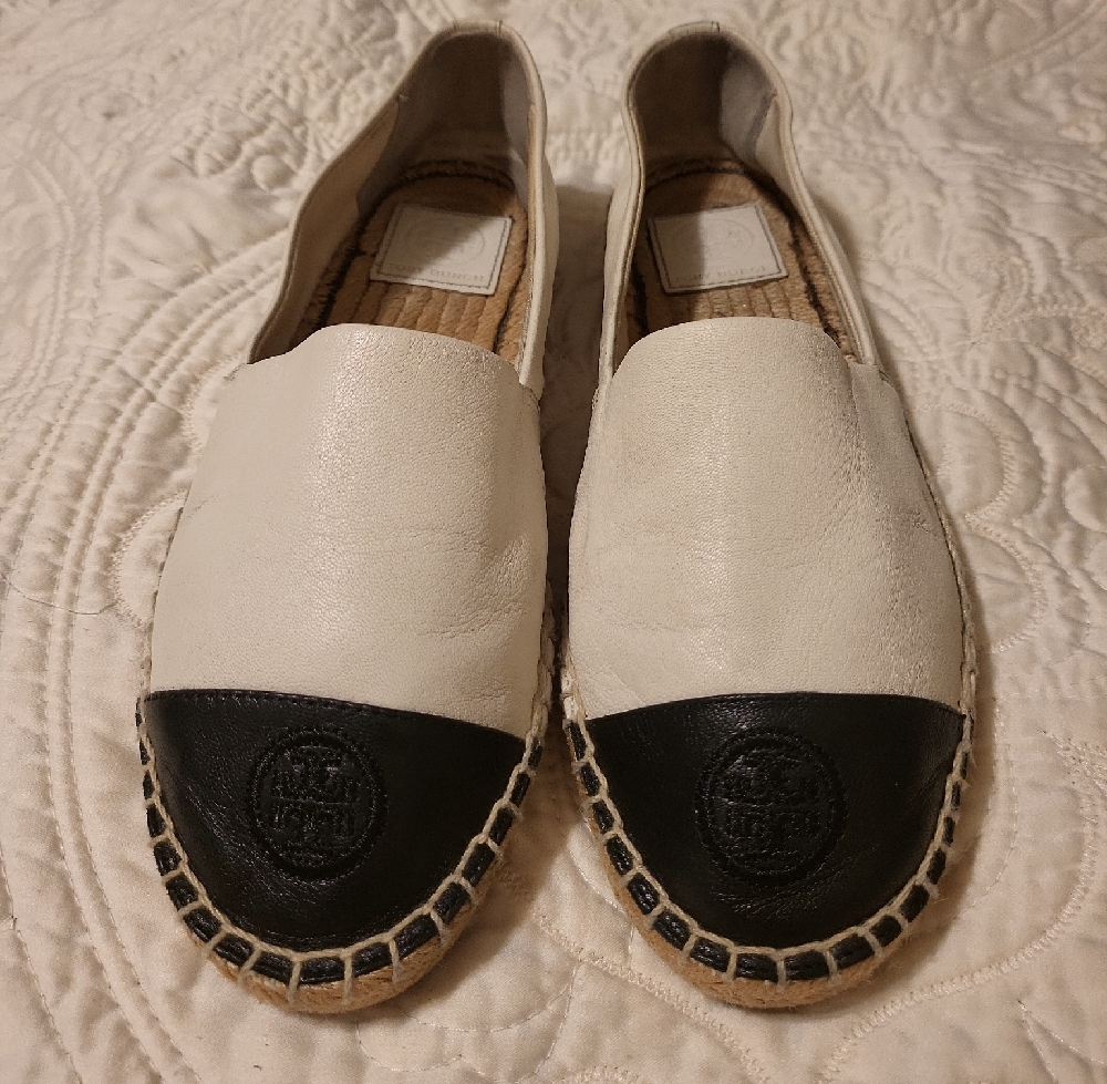 TORY BURCH Women's Black and Cream Espadrilles, Size 7.5
